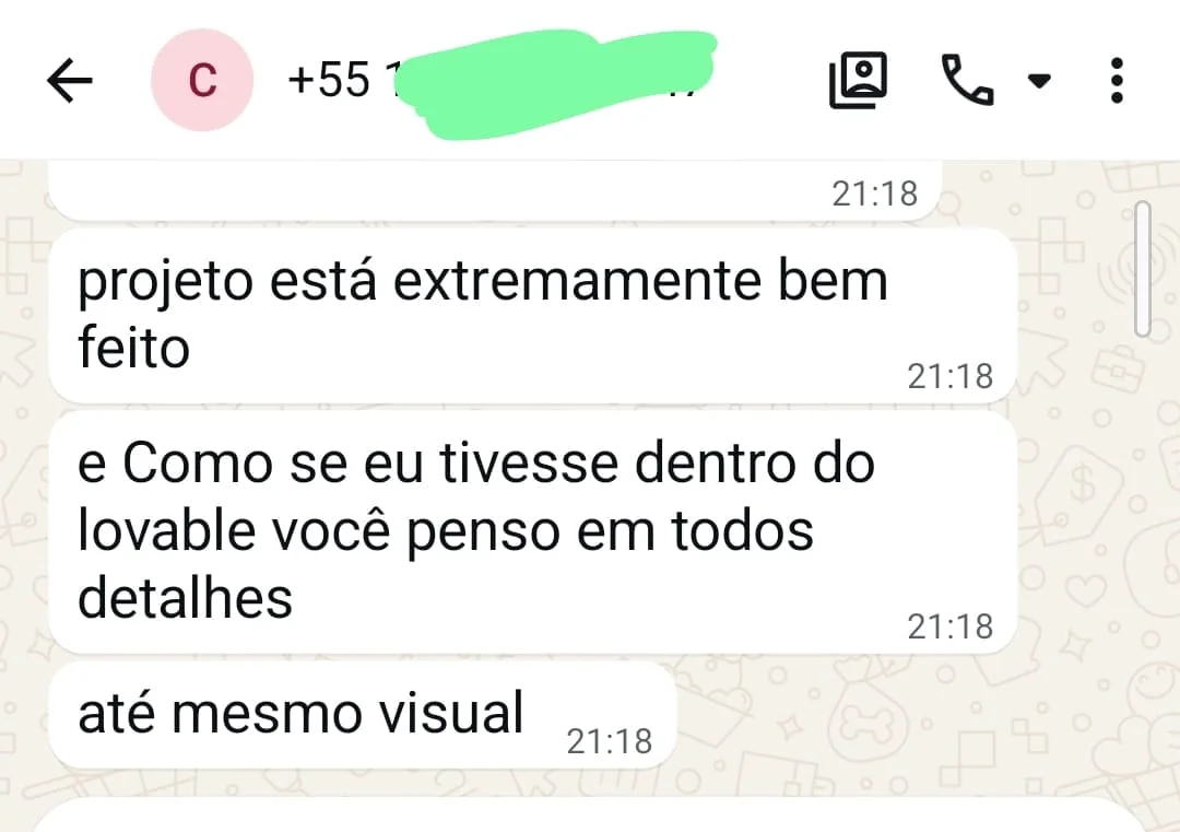 Print de conversa no WhatsApp com um cliente da Volable, número borrado: “Projeto está extremamente bem feito. É como se eu estivesse dentro da Lovable, você pensou em todos os detalhes, até mesmo o visual.”