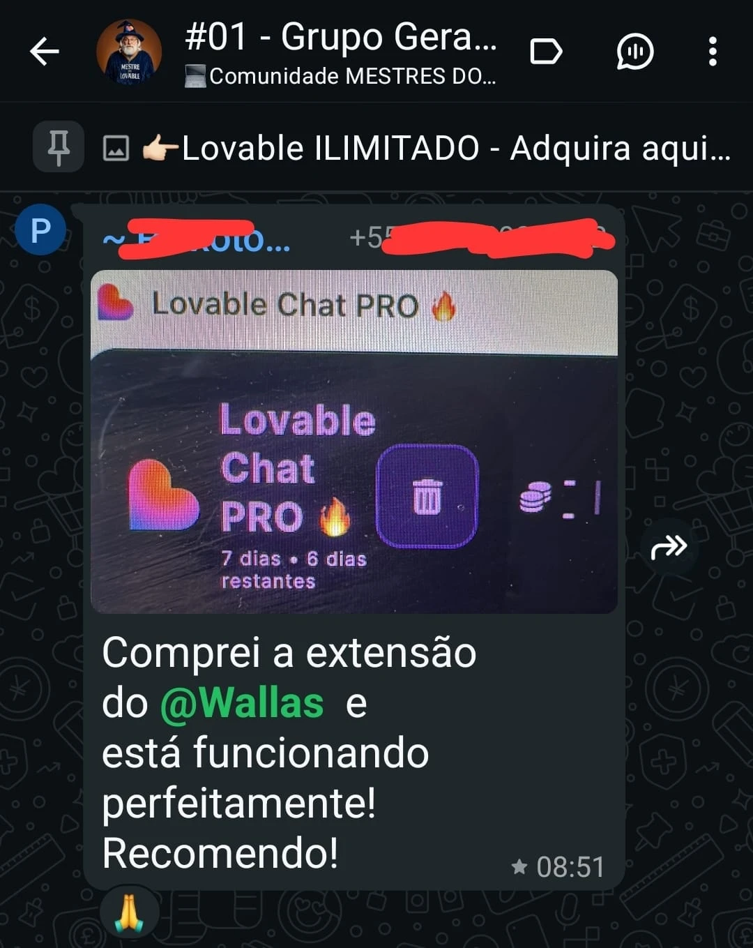 Depoimento 1 de cliente na comunidade do WhatsApp
