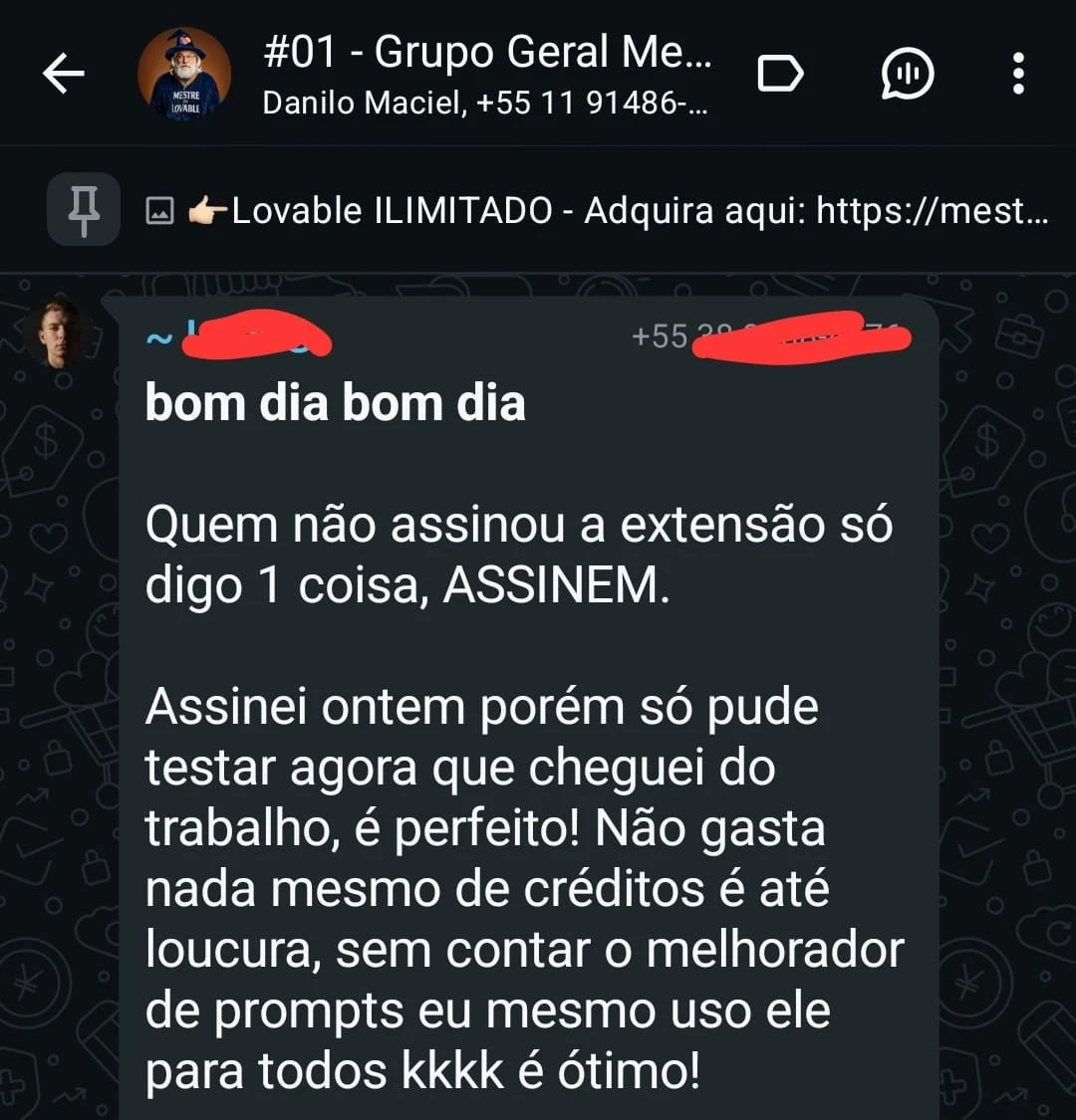 Depoimento 6 de cliente na comunidade do WhatsApp