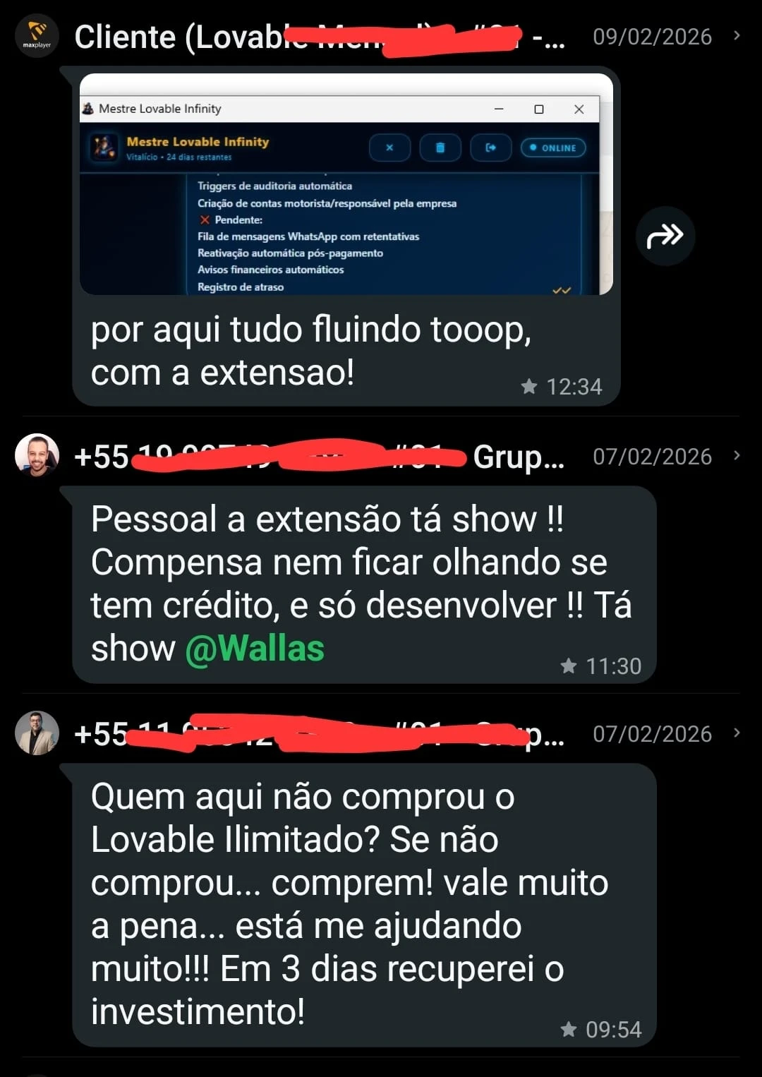 Depoimento 7 de cliente na comunidade do WhatsApp