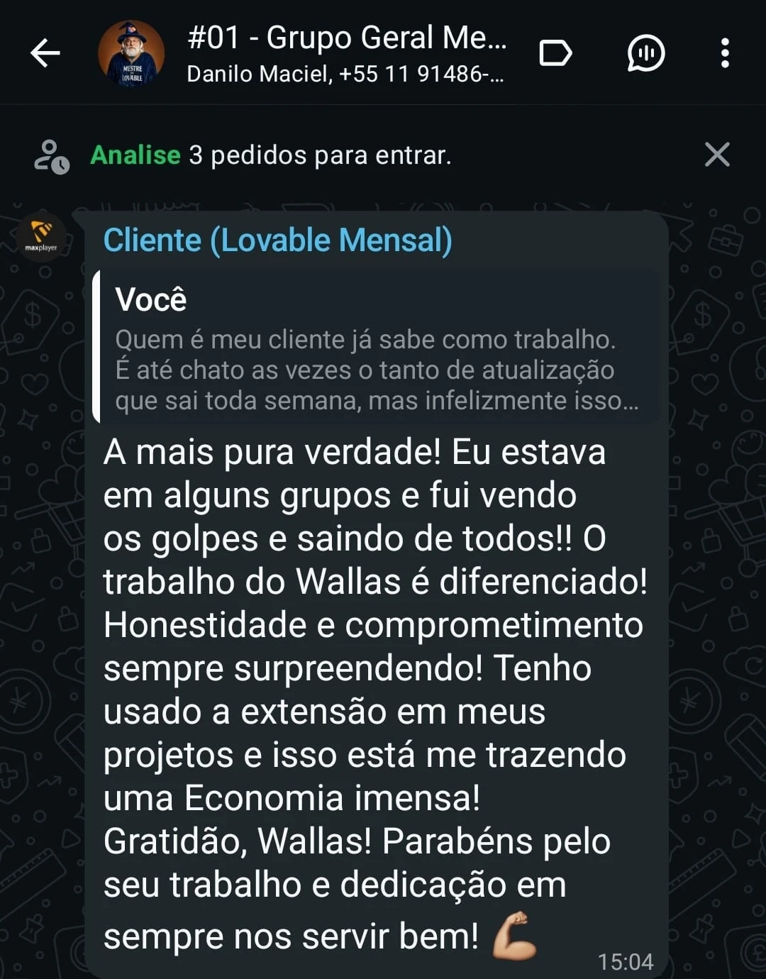 Depoimento 13 de cliente na comunidade do WhatsApp