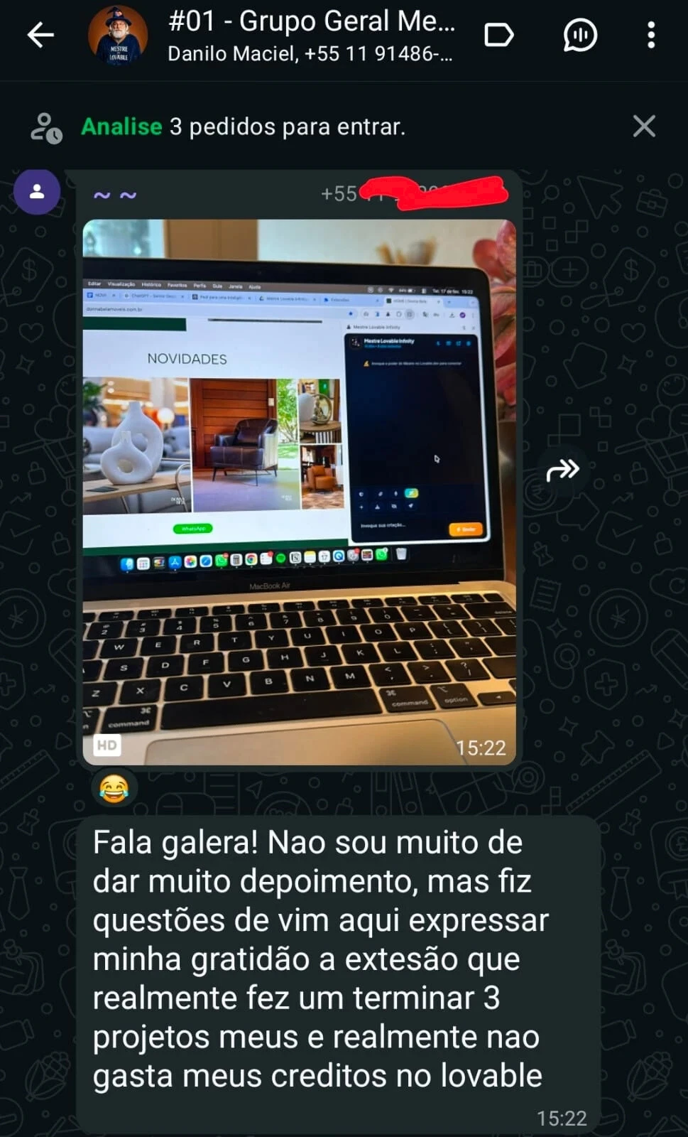 Depoimento 14 de cliente na comunidade do WhatsApp