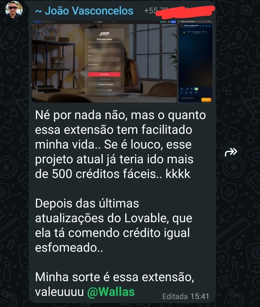 Depoimento 15 de cliente na comunidade do WhatsApp