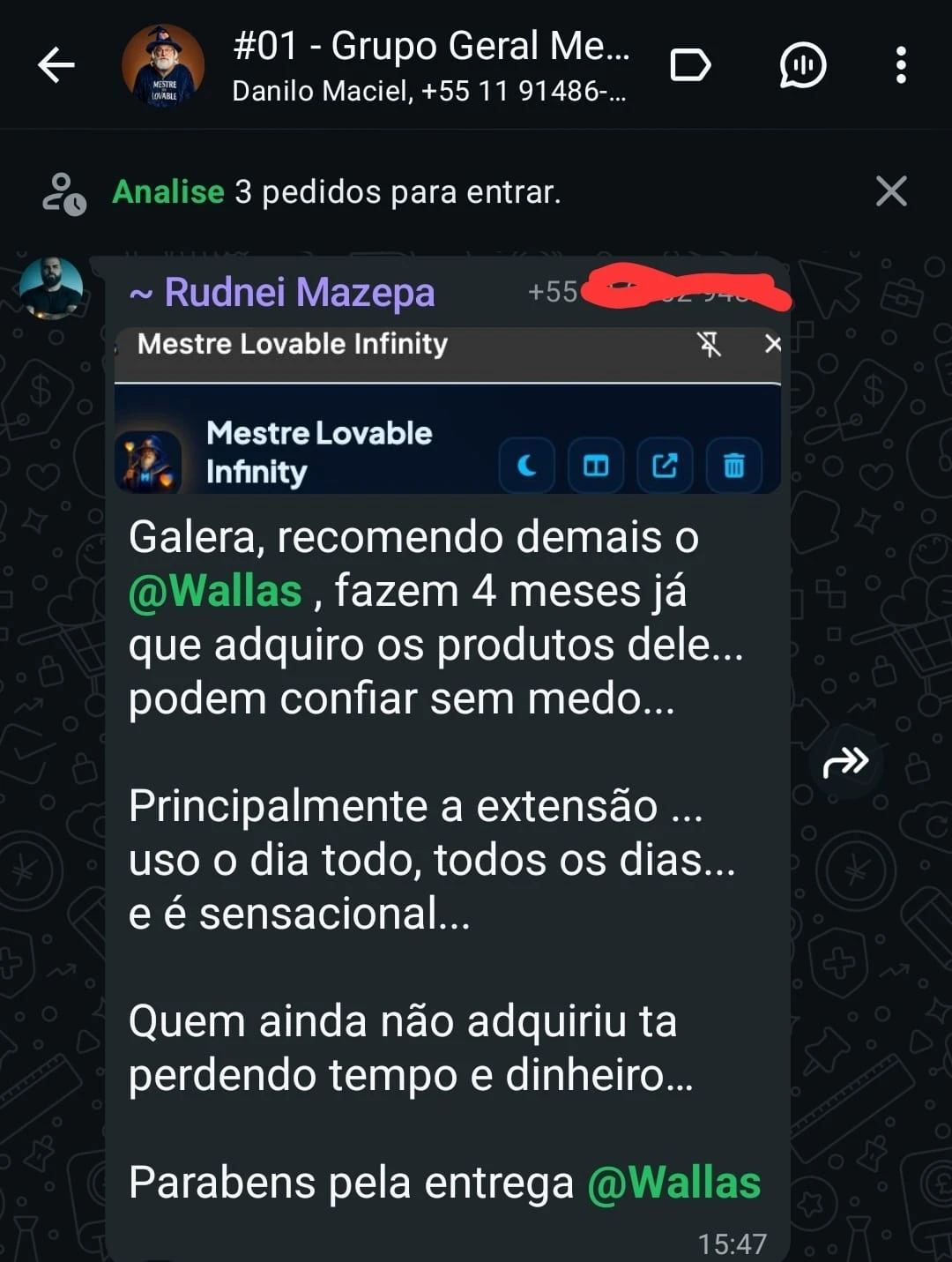 Depoimento 16 de cliente na comunidade do WhatsApp