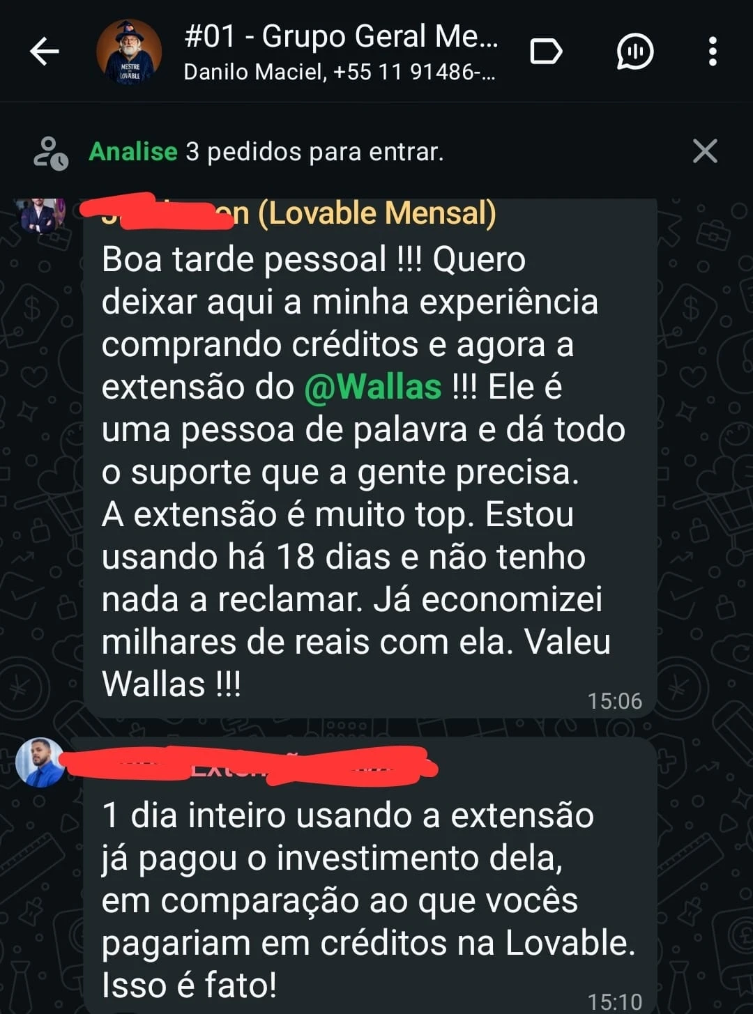 Depoimento 17 de cliente na comunidade do WhatsApp