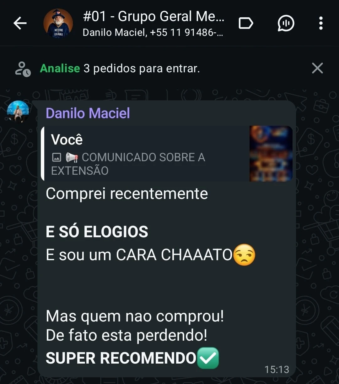 Depoimento 18 de cliente na comunidade do WhatsApp