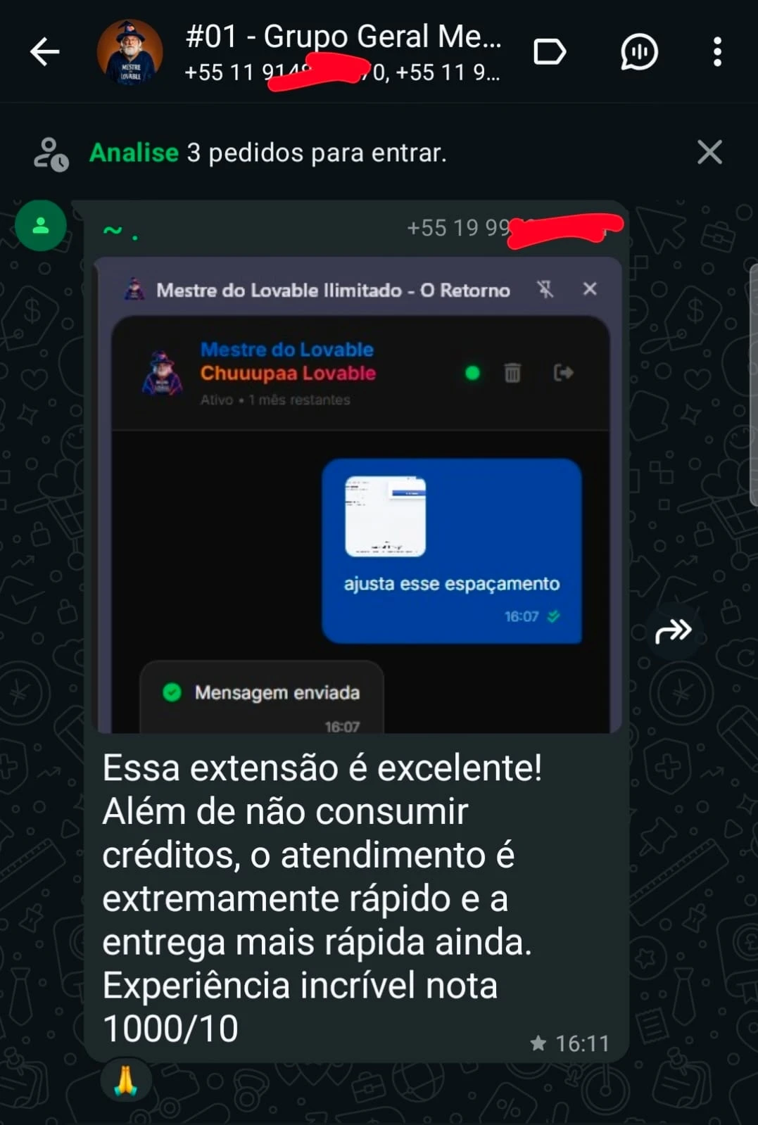Depoimento 25 de cliente na comunidade do WhatsApp