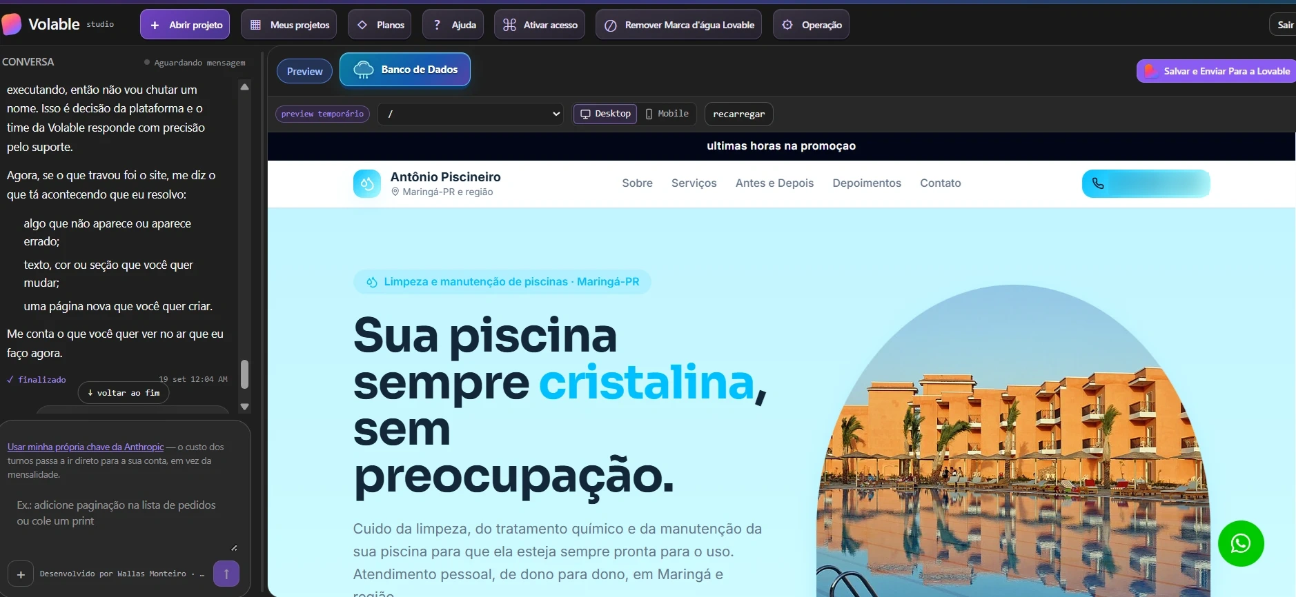 Tela da Volable com a conversa em português à esquerda e o site em edição à direita, com opção de visualizar no computador ou celular e botão para salvar.
